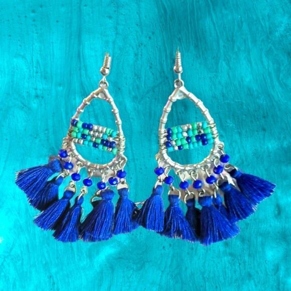 EARRINGS FAN  Tone Wires Turquoise BEADING - Picture 3 of 3